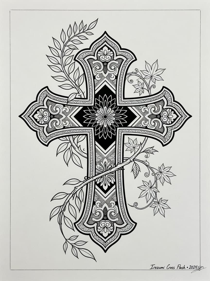 Cross — Japanese Linework Tattoo Design #1 — Japanese Linework cross tattoo design