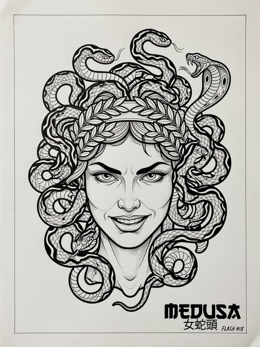 Medusa — Japanese Linework Tattoo Design #1 — Japanese Linework medusa tattoo design