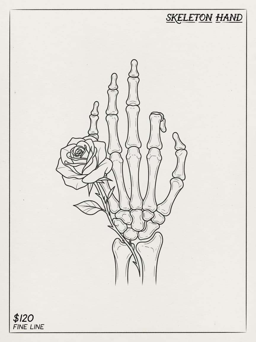 Skeleton Hand — Fine Line Tattoo Design #1 — Fine Line skeleton-hand tattoo design