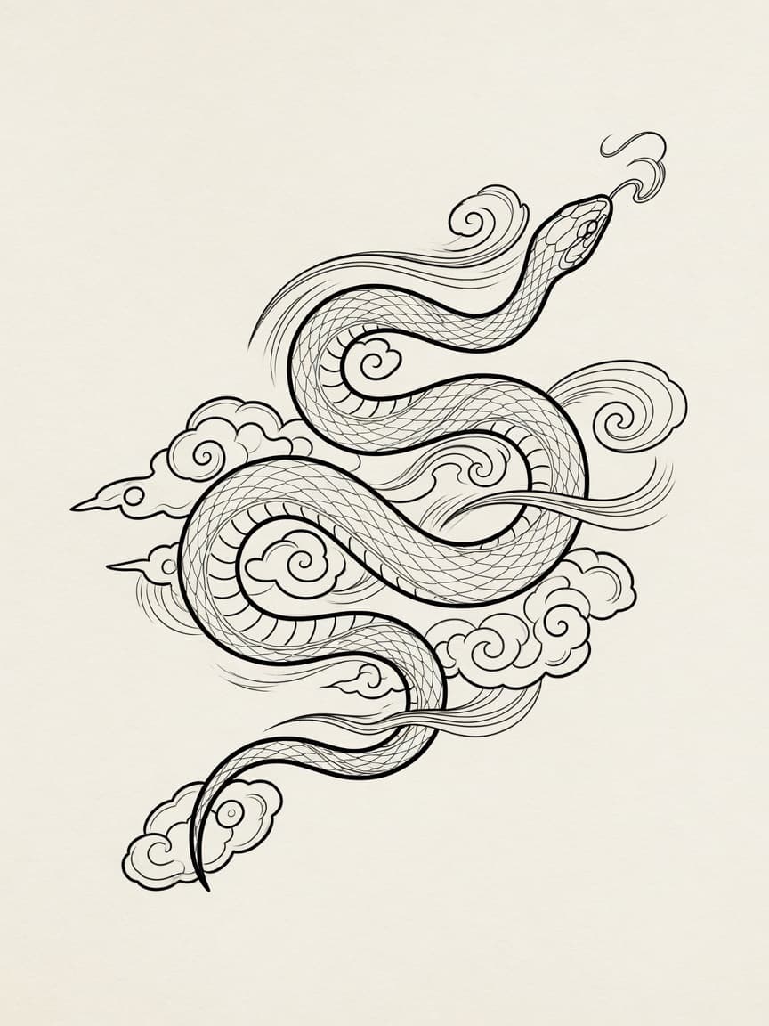 Snake — Japanese Linework Tattoo Design #1 — Japanese Linework snake tattoo design