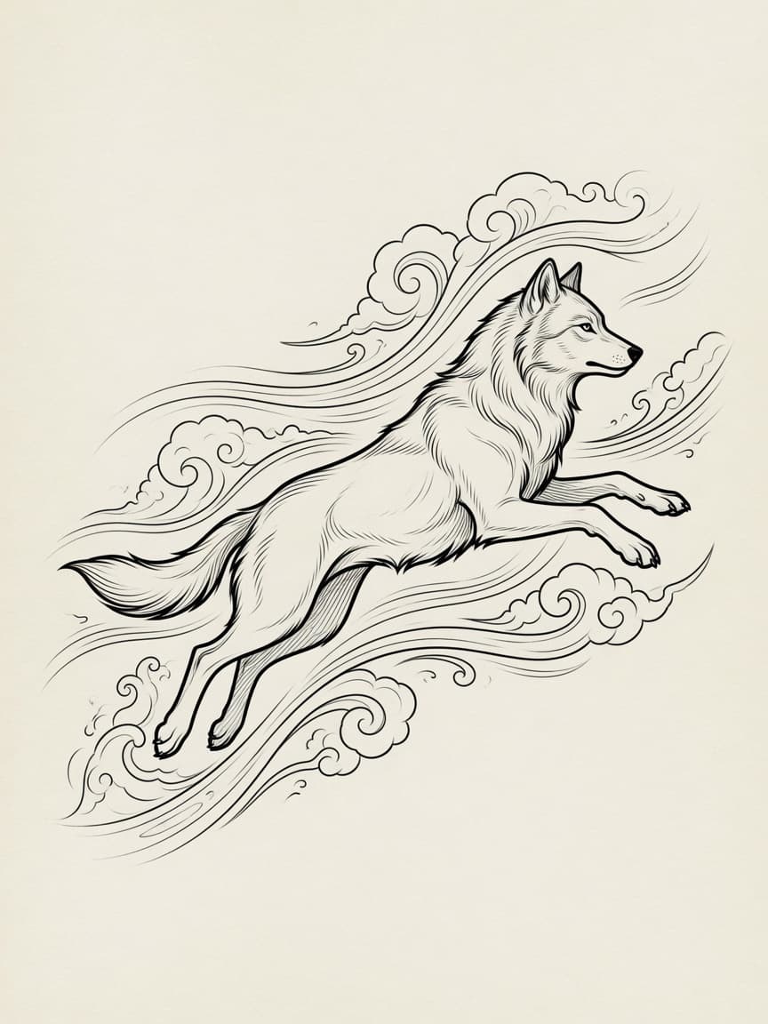 Wolf — Japanese Linework Tattoo Design #1 — Japanese Linework wolf tattoo design