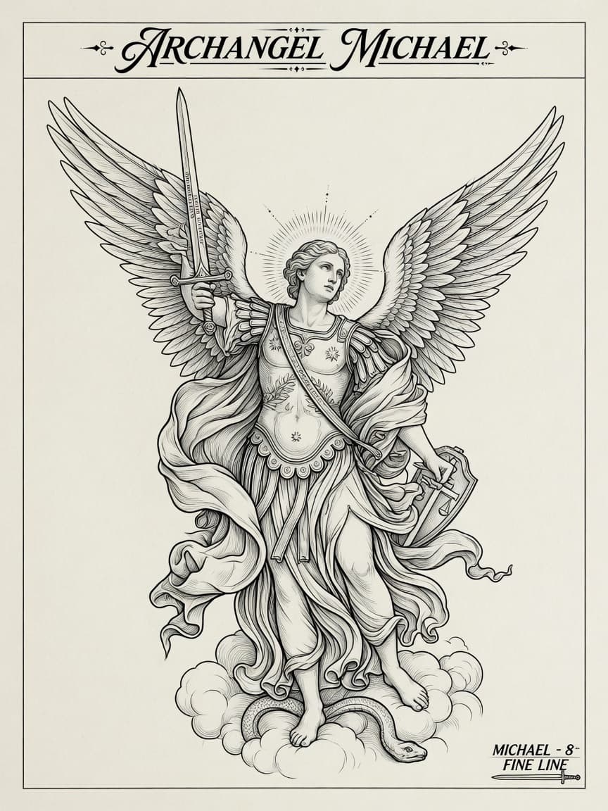 Archangel Michael — Fine Line Tattoo — Fine Line archangel-michael tattoo design