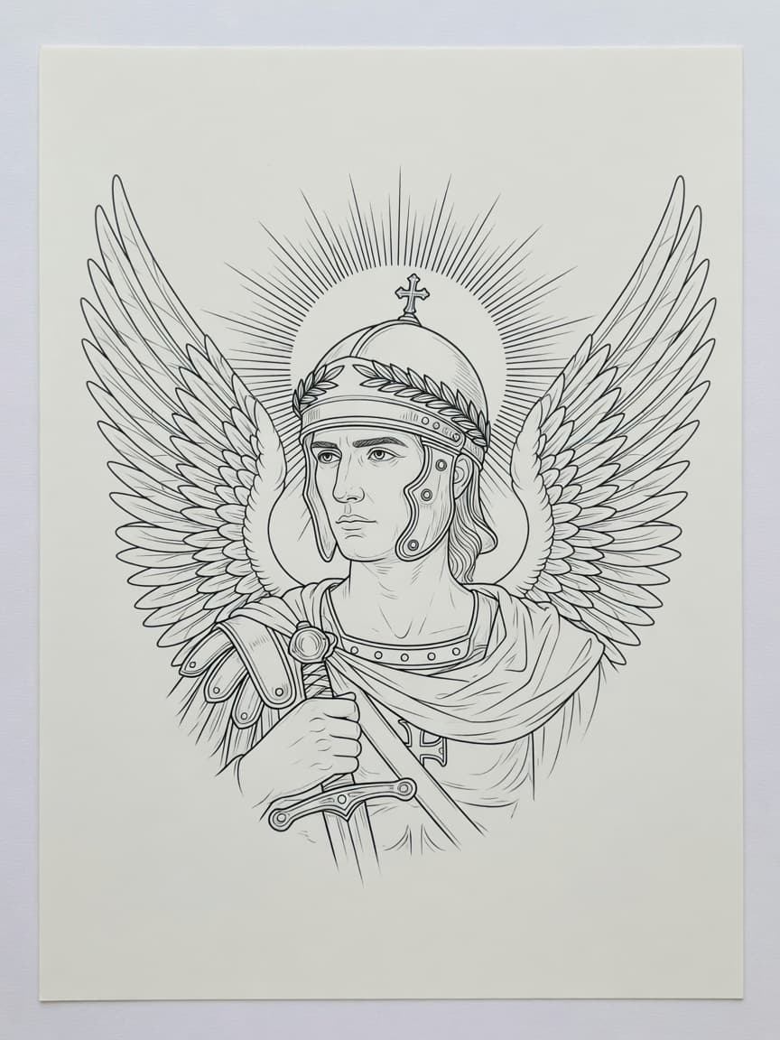 Archangel Michael — Fine Line Tattoo Design #3 — Fine Line archangel-michael tattoo design