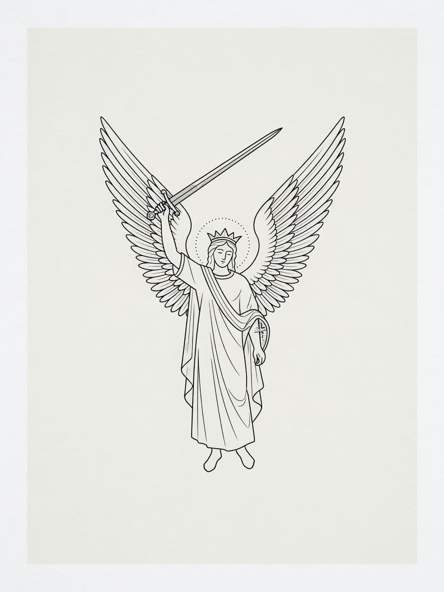 Archangel Michael — Fine Line Tattoo Design #4 — Fine Line archangel-michael tattoo design