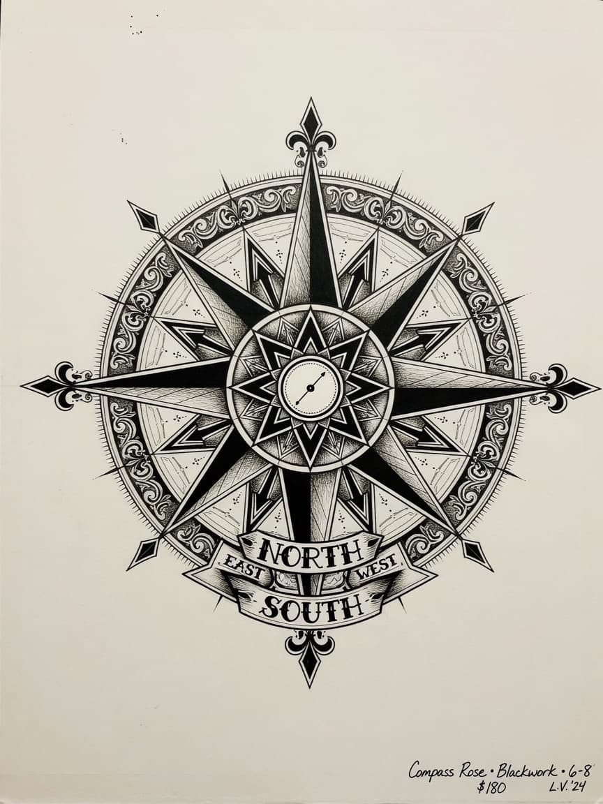 Compass — Blackwork Tattoo — Blackwork compass tattoo design