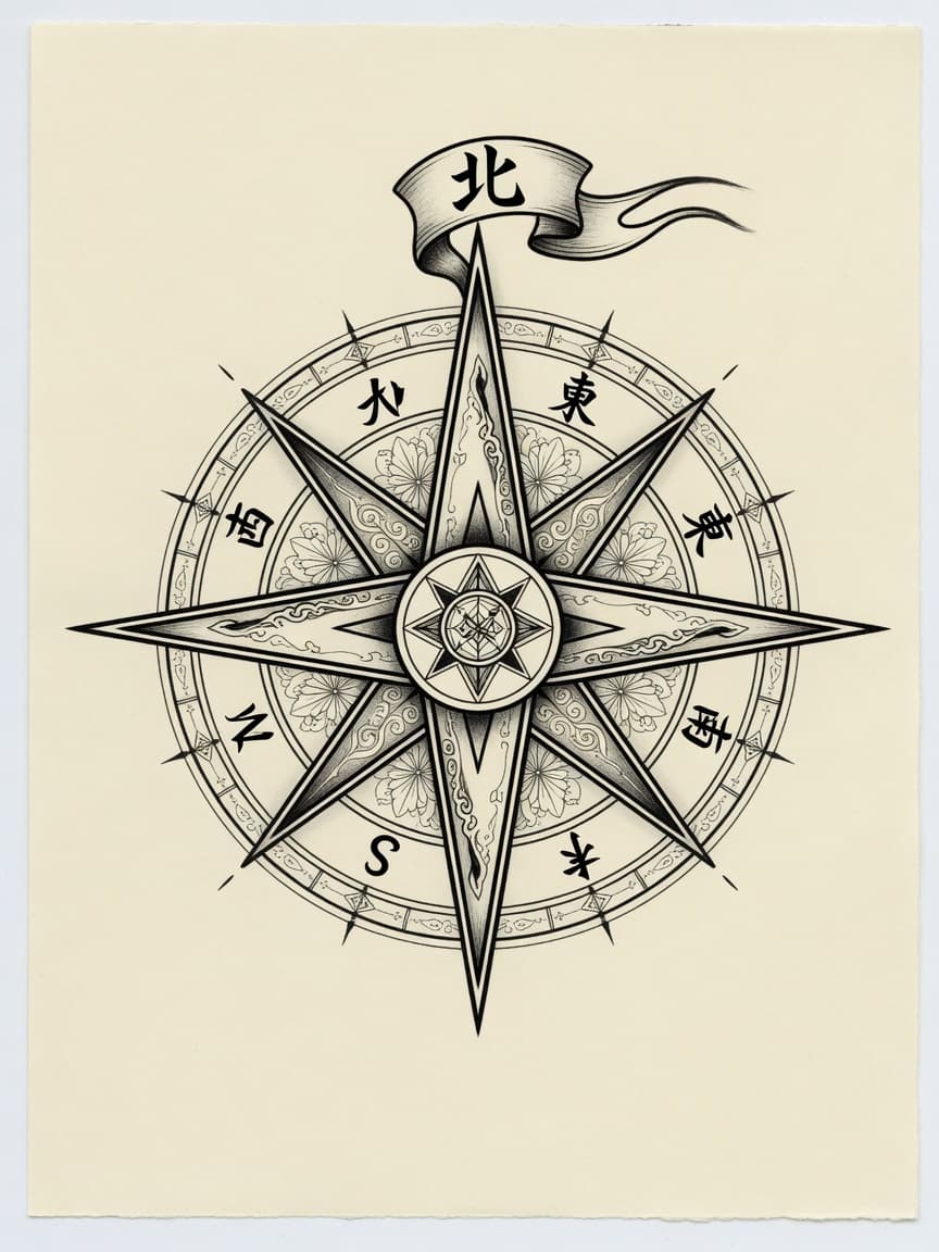 Compass — Japanese Linework Tattoo — Japanese Linework compass tattoo design