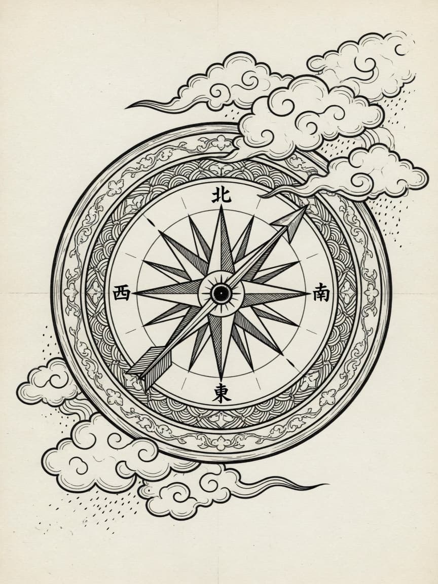Compass — Japanese Linework Tattoo Design — Japanese Linework compass tattoo design