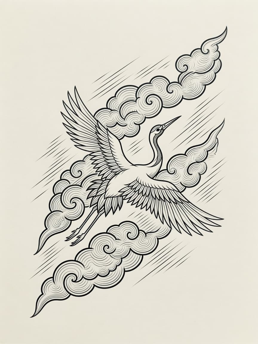 Crane — Japanese Linework Tattoo Design — Japanese Linework crane tattoo design