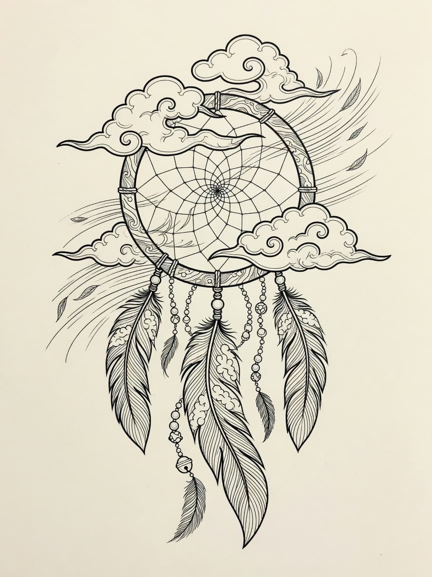 Dreamcatcher — Japanese Linework Tattoo Design — Japanese Linework dreamcatcher tattoo design