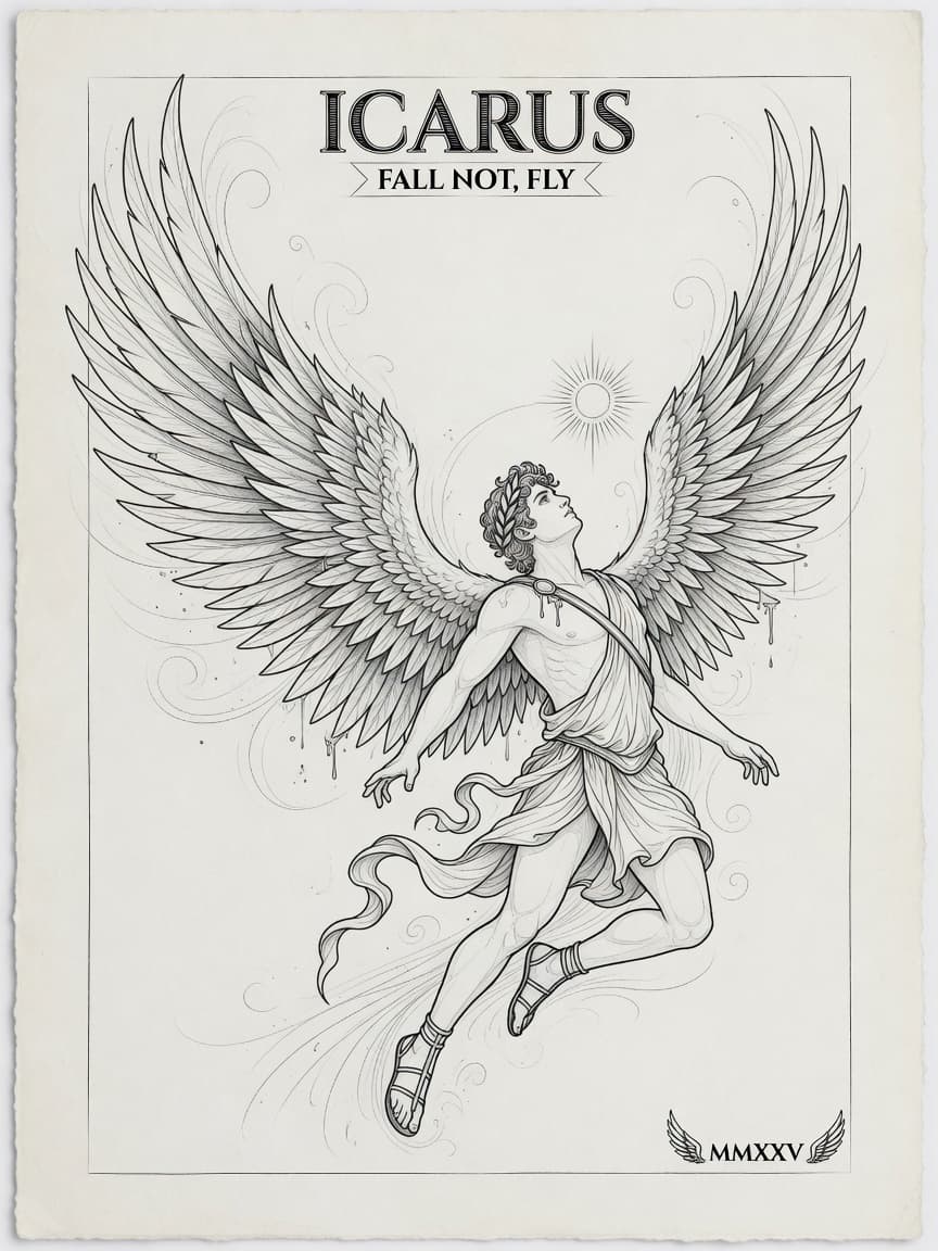 Icarus — Fine Line Tattoo — Fine Line icarus tattoo design