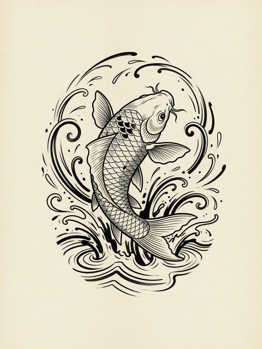 Koi — Fine Line Tattoo Design #4 — Fine Line tattoo design for the Thigh