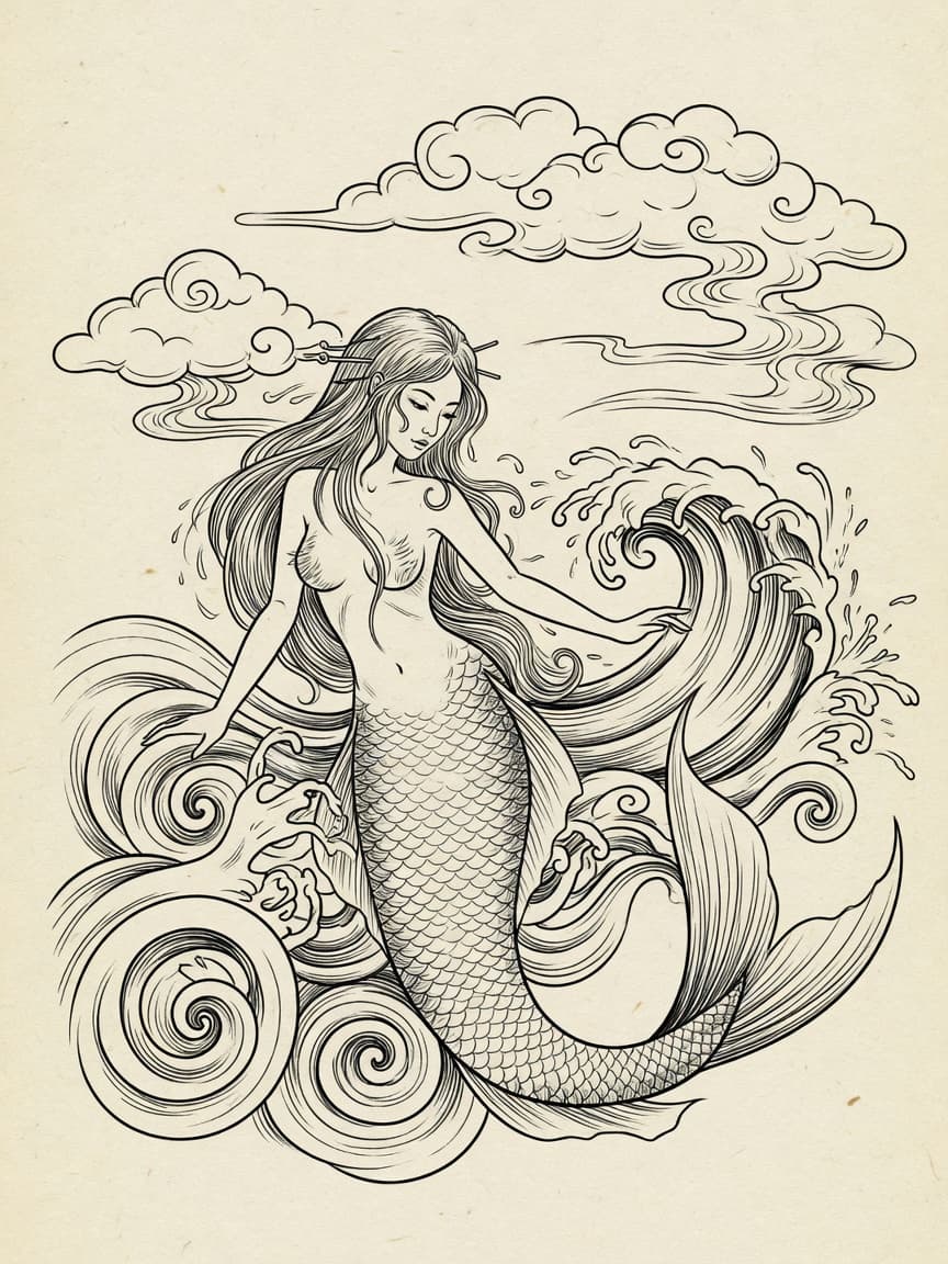 Mermaid — Japanese Linework Tattoo Design — Japanese Linework mermaid tattoo design