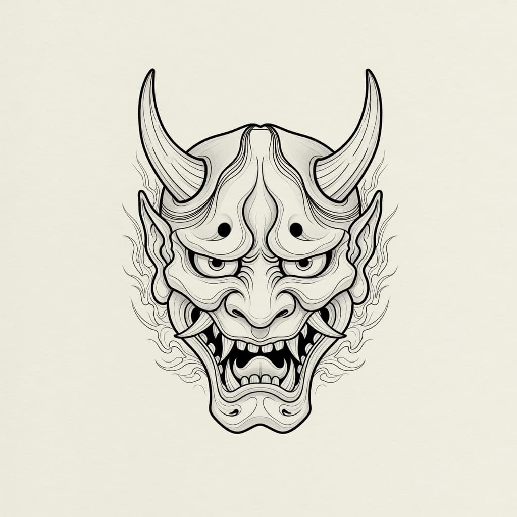 Oni Mask — Fine Line Tattoo — Fine Line oni-mask tattoo design