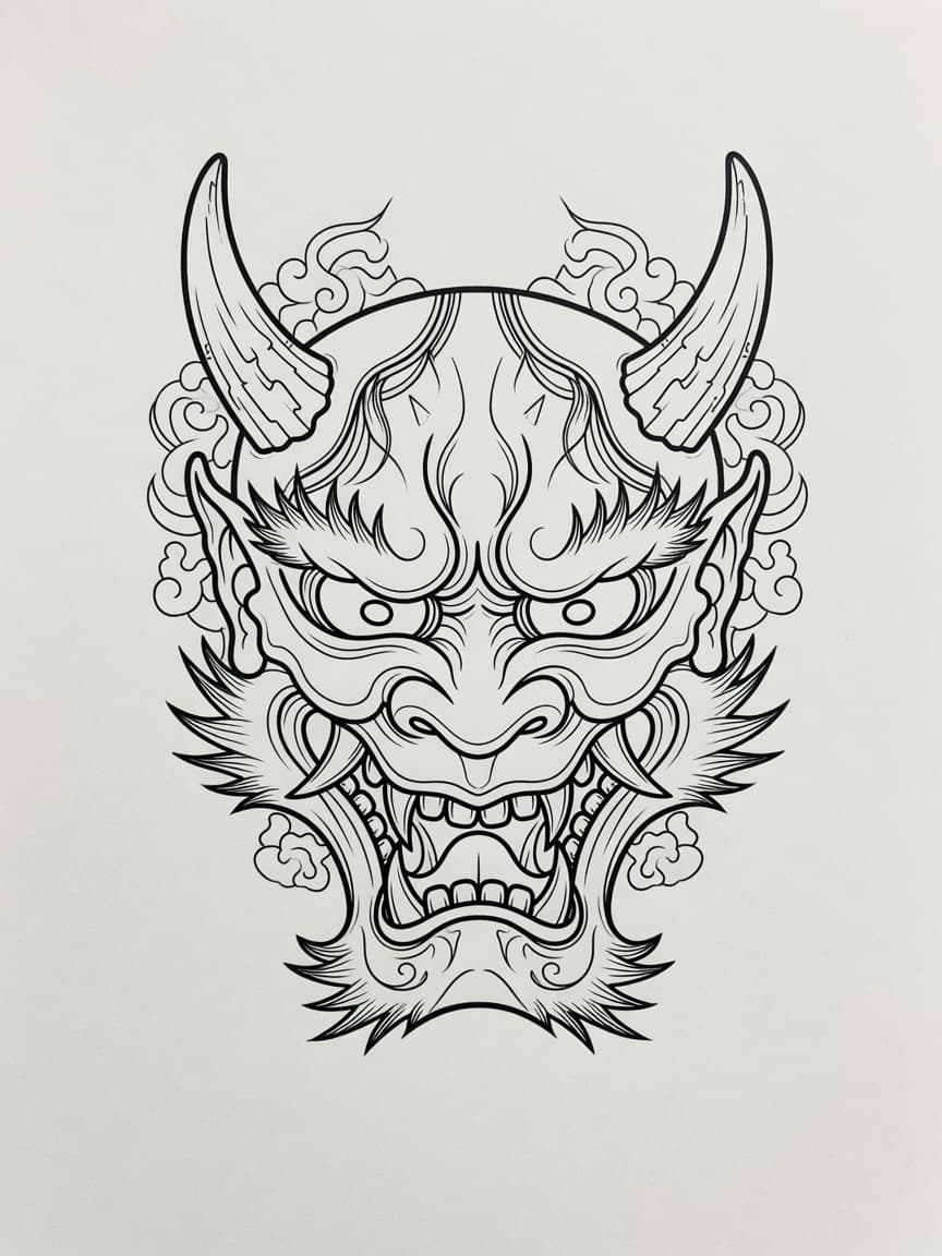 Oni Mask — Fine Line Tattoo Design #2 — Fine Line oni-mask tattoo design