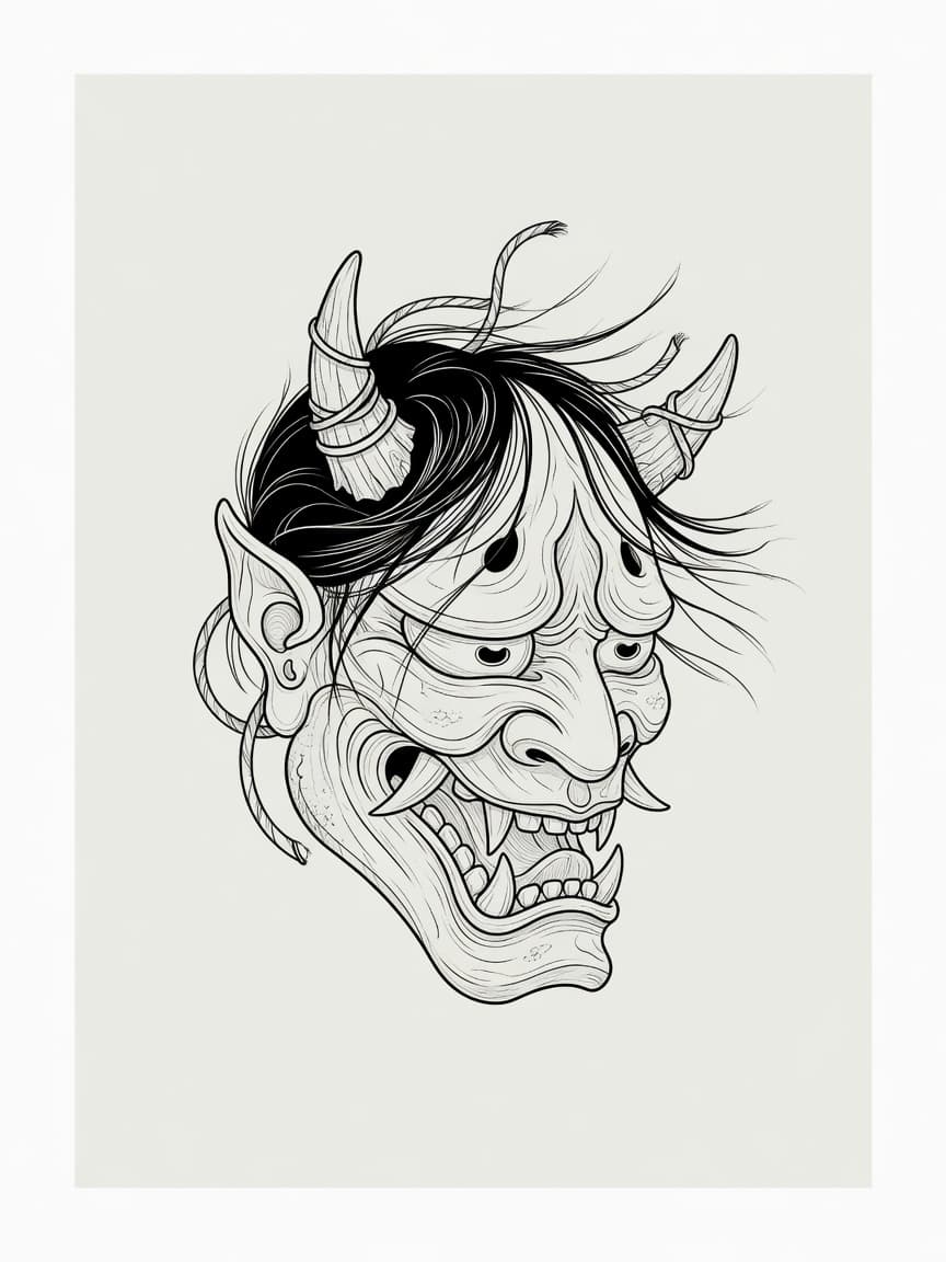 Oni Mask — Fine Line Tattoo Design #3 — Fine Line oni-mask tattoo design
