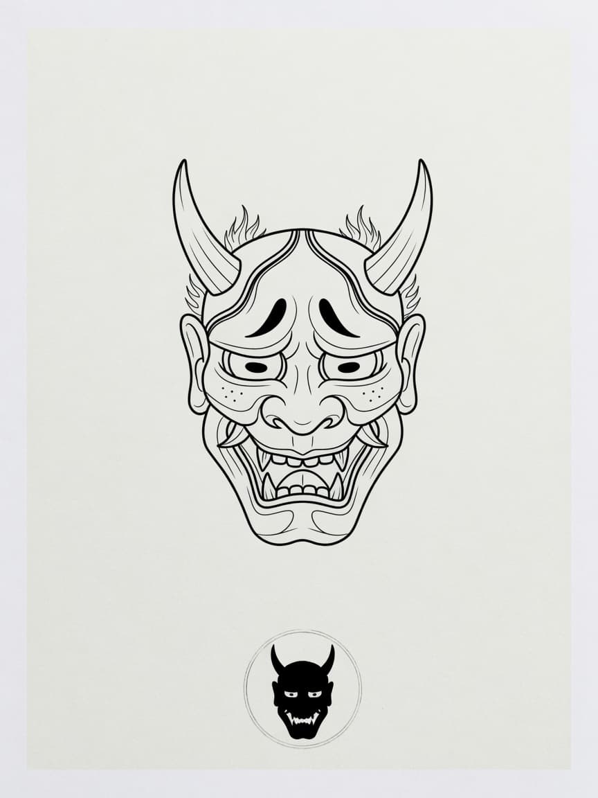 Oni Mask — Fine Line Tattoo Design #4 — Fine Line oni-mask tattoo design