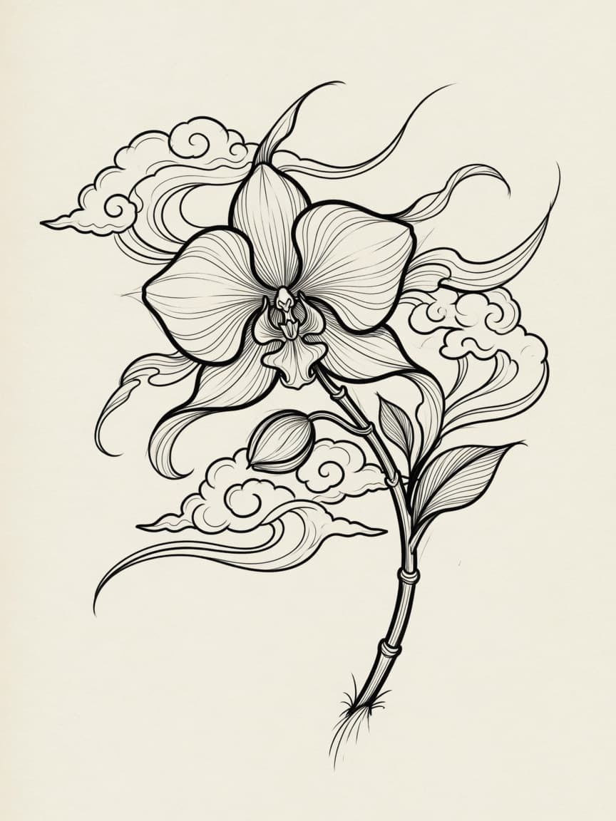 Orchid — Japanese Linework Tattoo Design — Japanese Linework orchid tattoo design