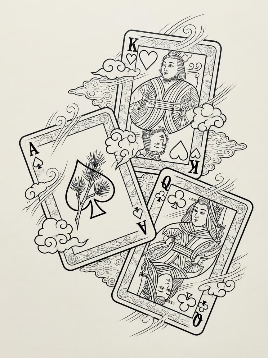 Playing Cards — Japanese Linework Tattoo Design — Japanese Linework playing-cards tattoo design