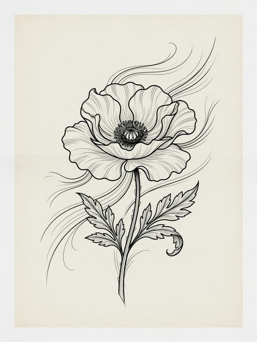 Poppy — Japanese Linework Tattoo Design — Japanese Linework poppy tattoo design