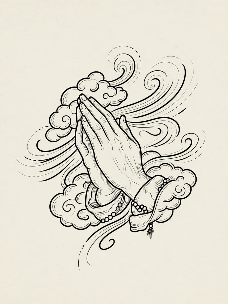 Praying Hands — Japanese Linework Tattoo Design — Japanese Linework praying-hands tattoo design