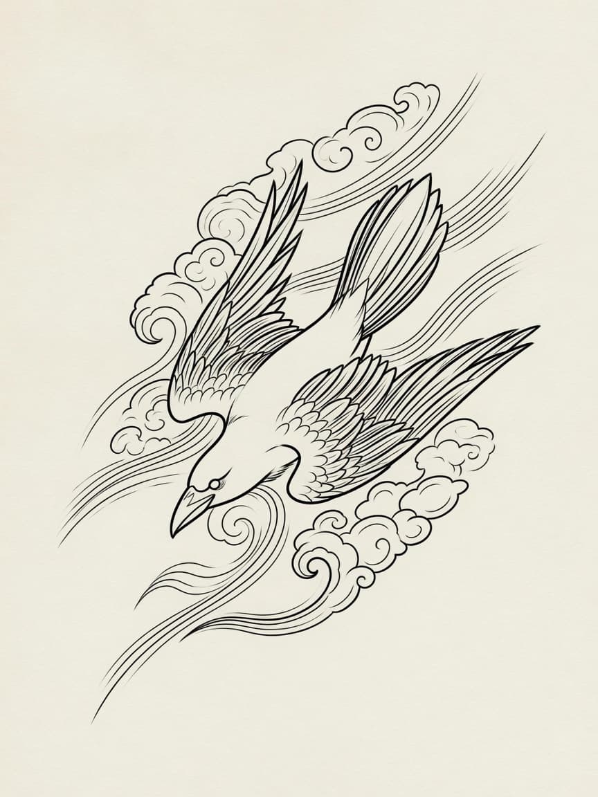 Raven — Japanese Linework Tattoo Design — Japanese Linework raven tattoo design