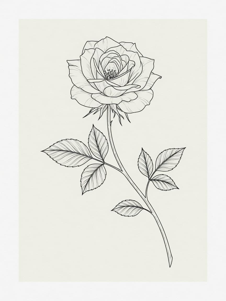 Rose — Fine Line Tattoo (Thigh) — Fine Line rose tattoo design