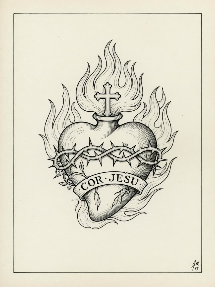 Sacred Heart — Fine Line Tattoo — Fine Line sacred-heart tattoo design