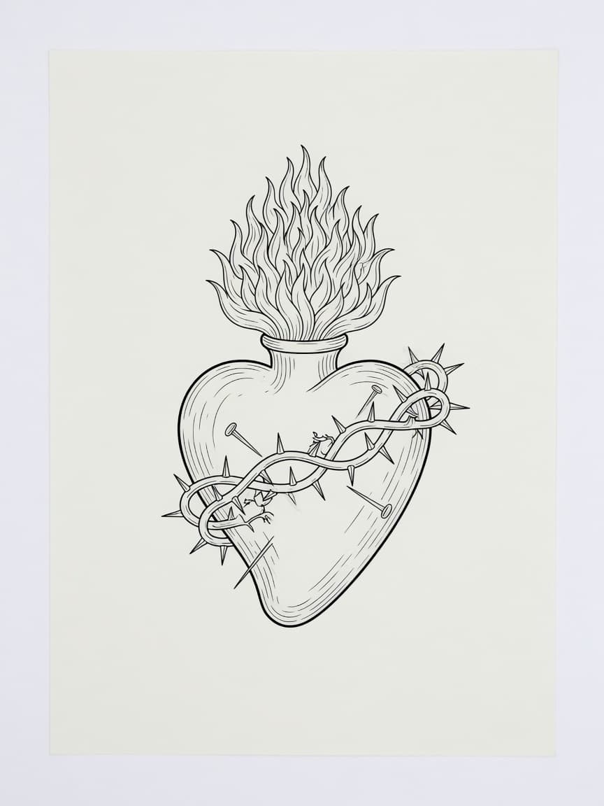 Sacred Heart — Fine Line Tattoo (Spine) — Fine Line sacred-heart tattoo design