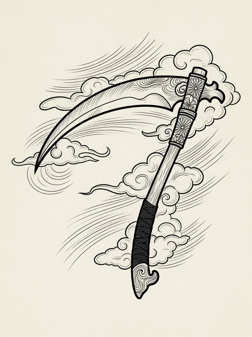 Scythe — Japanese Linework Tattoo Design — Japanese Linework scythe tattoo design