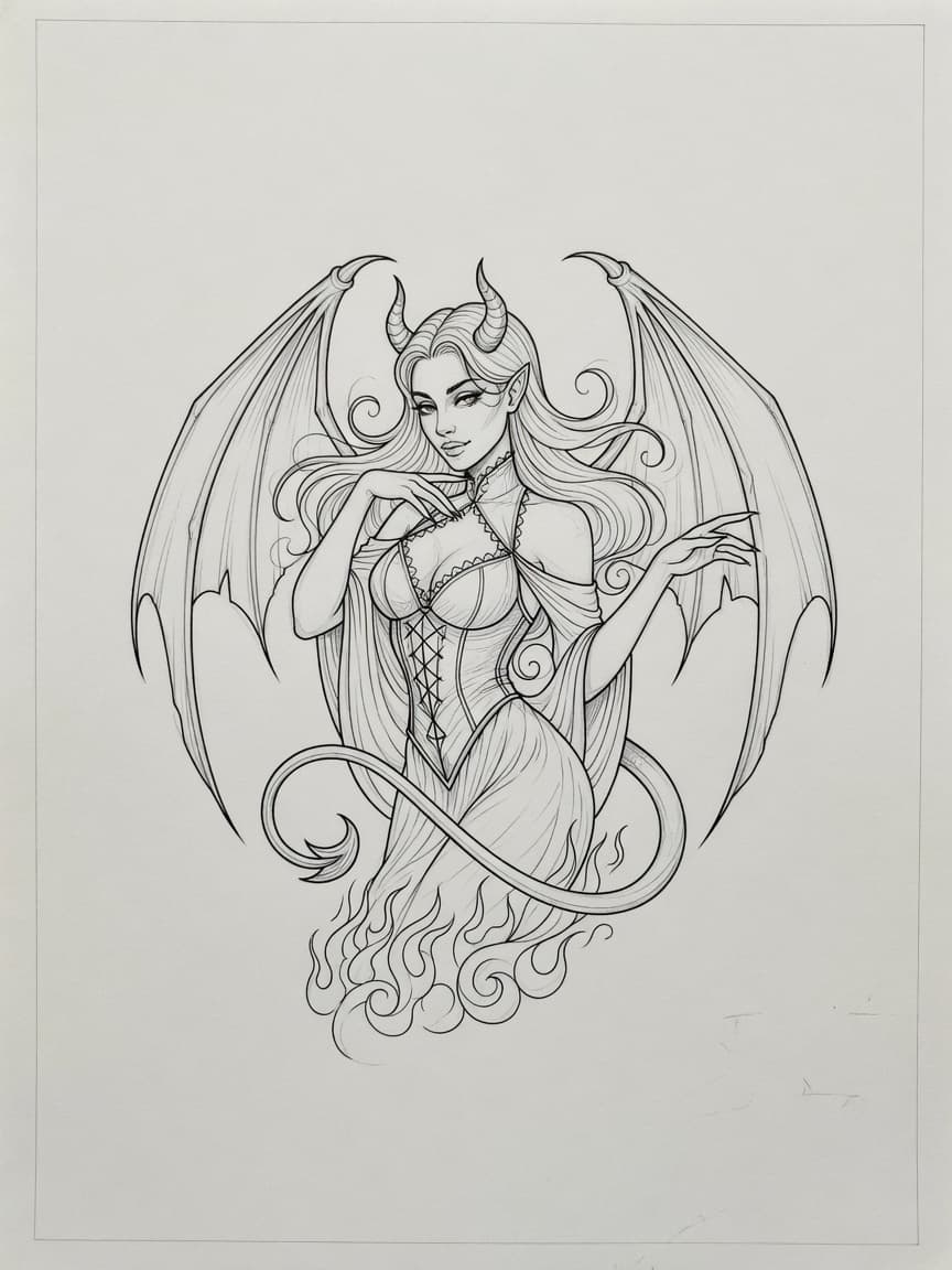 Succubus — Fine Line Tattoo Design #2 — Fine Line succubus tattoo design