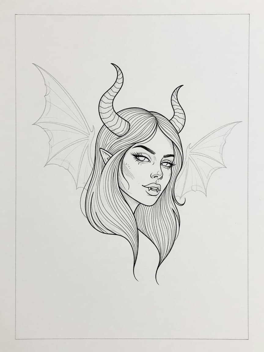Succubus — Fine Line Tattoo Design #3 — Fine Line succubus tattoo design