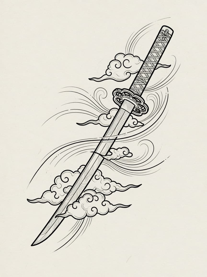Sword — Japanese Linework Tattoo Design — Japanese Linework sword tattoo design