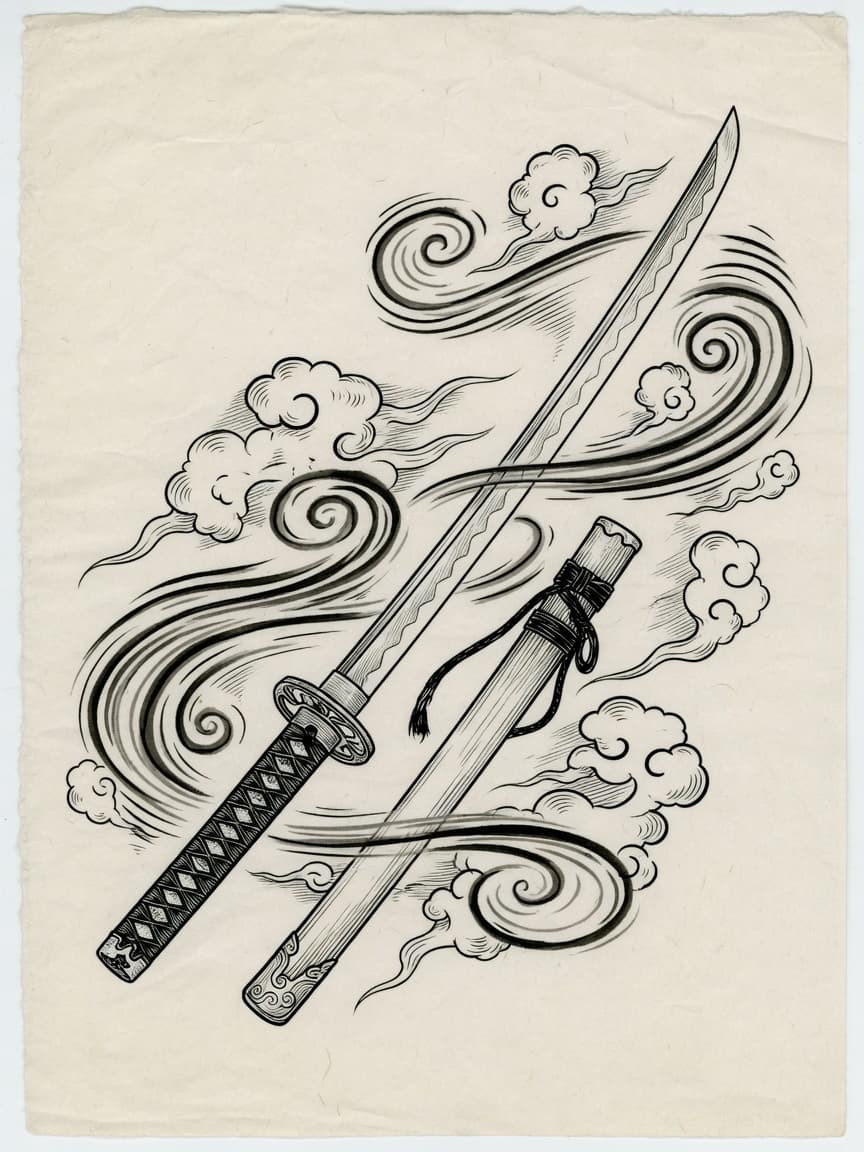 Sword — Japanese Linework Tattoo Design — Japanese Linework sword tattoo design