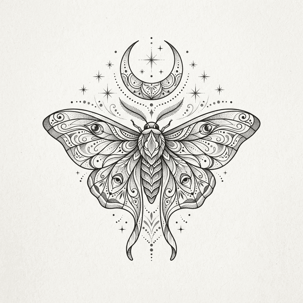 Moon Moth — Blackwork butterfly tattoo design