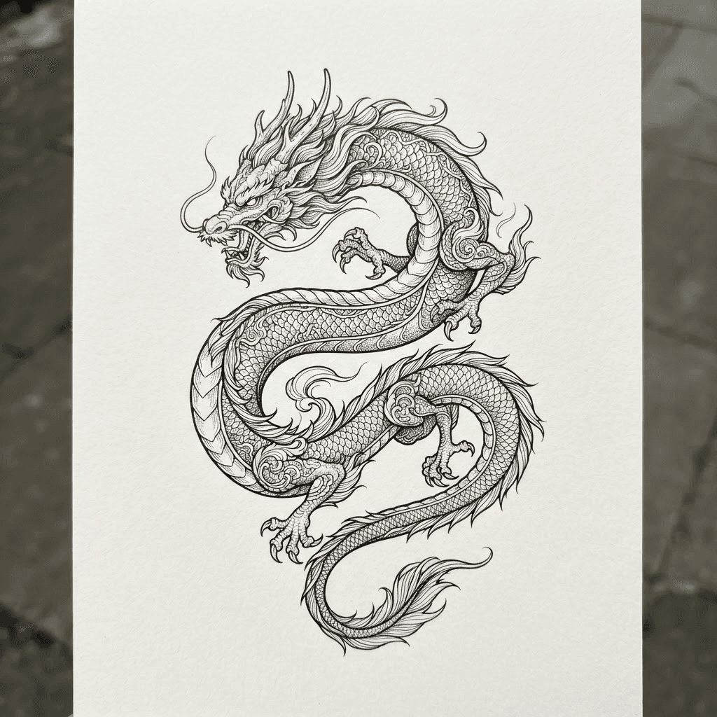 Coiled Dragon — Blackwork dragon tattoo design