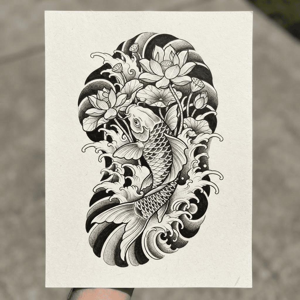 Koi & Waves — Japanese Linework dragon tattoo design