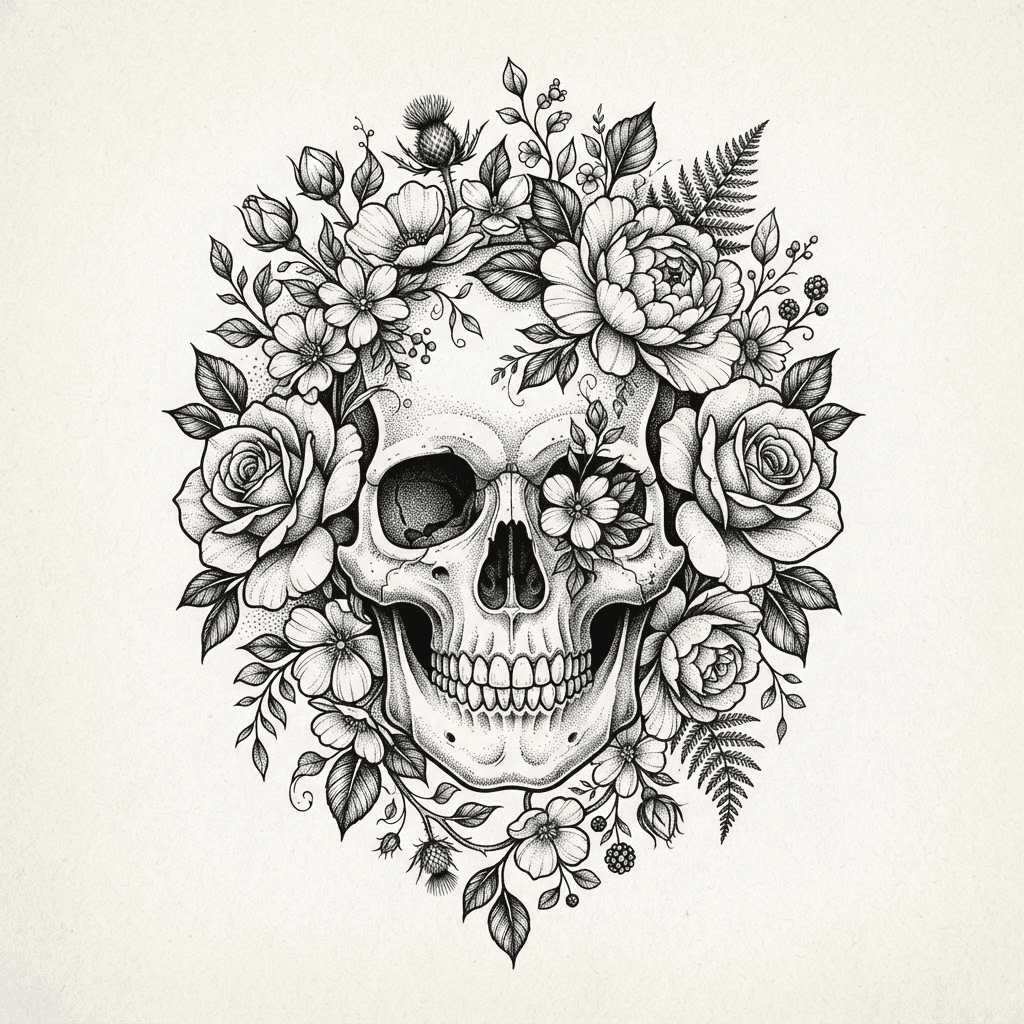 Skull in Bloom — Blackwork skull tattoo design