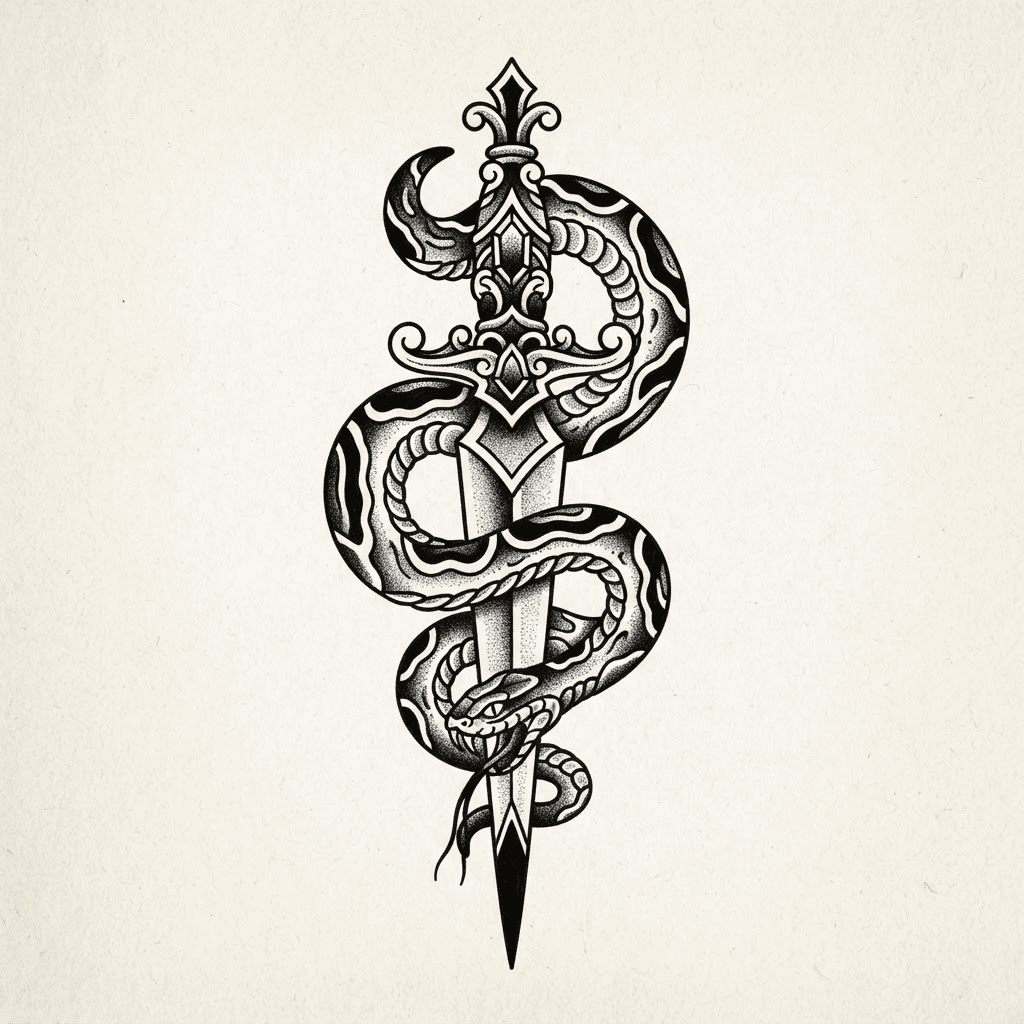 Snake & Dagger — American Traditional snake tattoo design