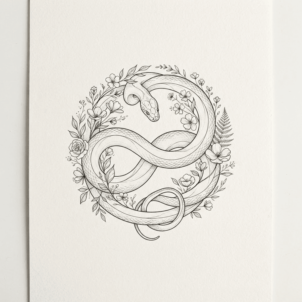 Serpent Circle — Fine Line snake tattoo design
