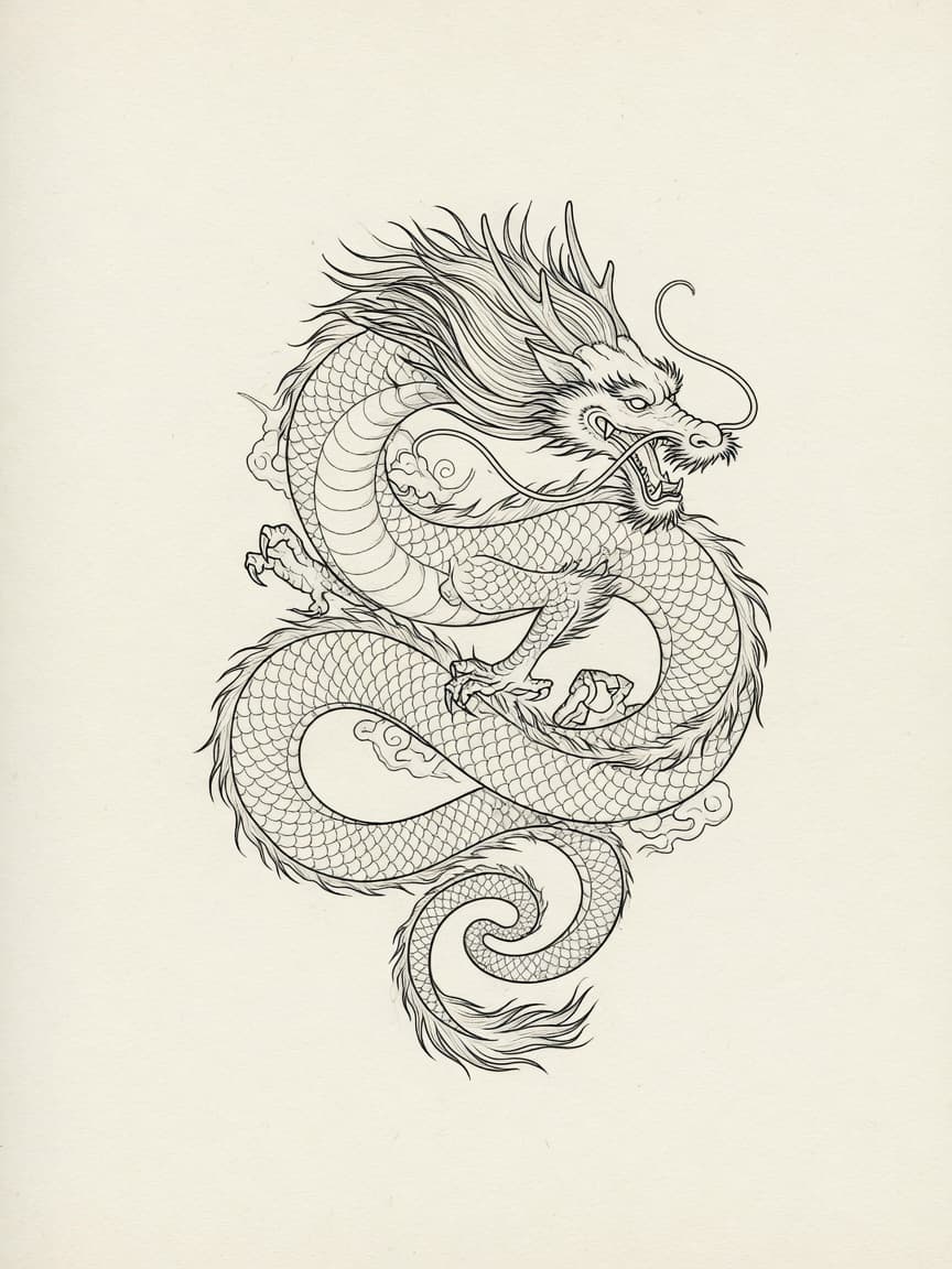 Dragon — Fine Line Tattoo Design — Fine Line dragon tattoo design