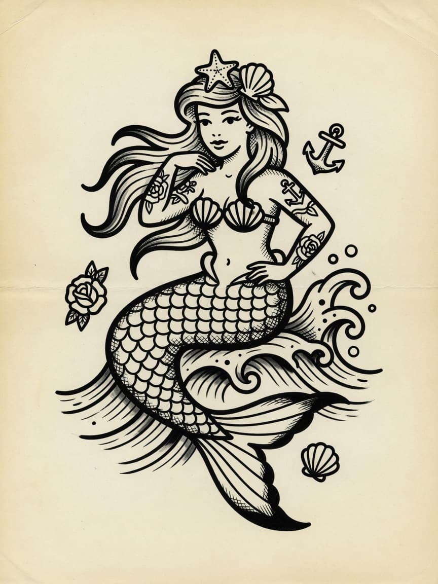 American Traditional Mermaid tattoo
