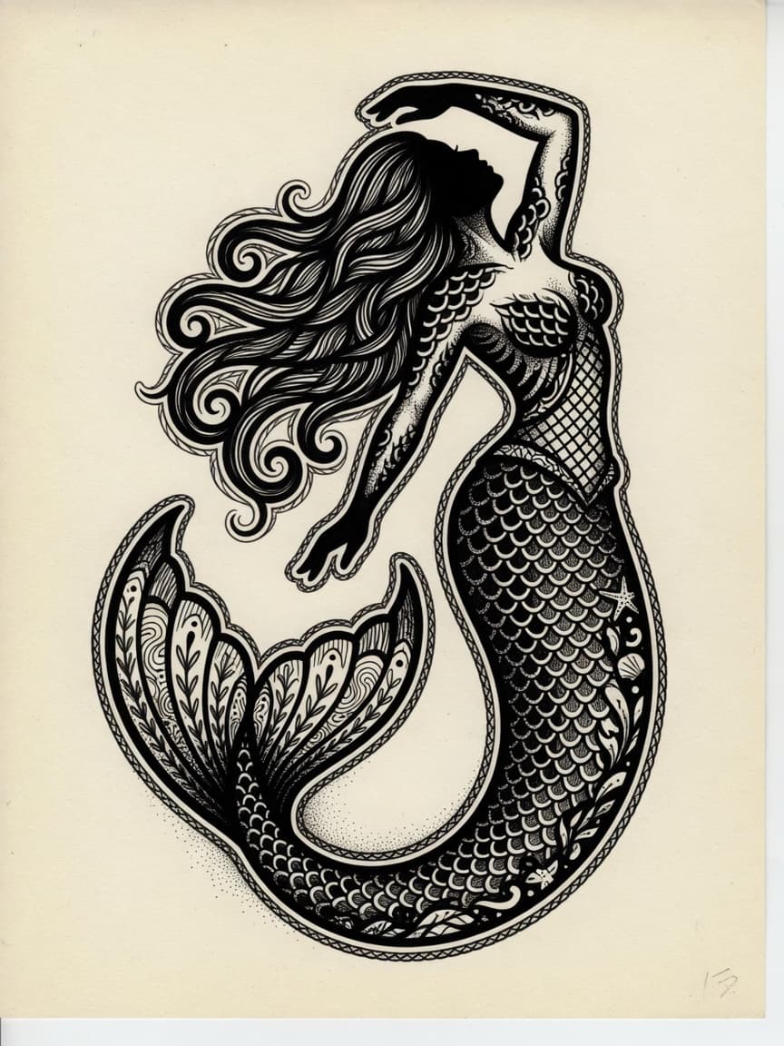 Blackwork Mermaid tattoo
