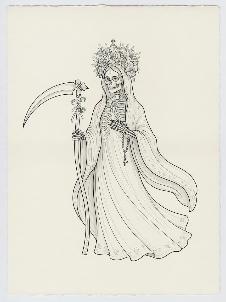 Santa Muerte — Fine Line Tattoo Design #2 — Fine Line tattoo design for the Forearm