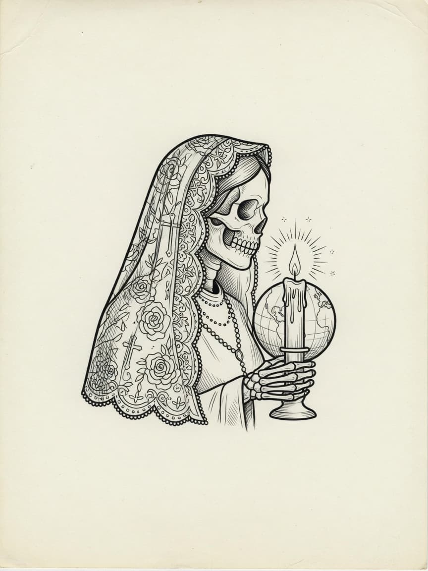 Santa Muerte — Fine Line Tattoo Design #4 — Fine Line tattoo design for the Wrist