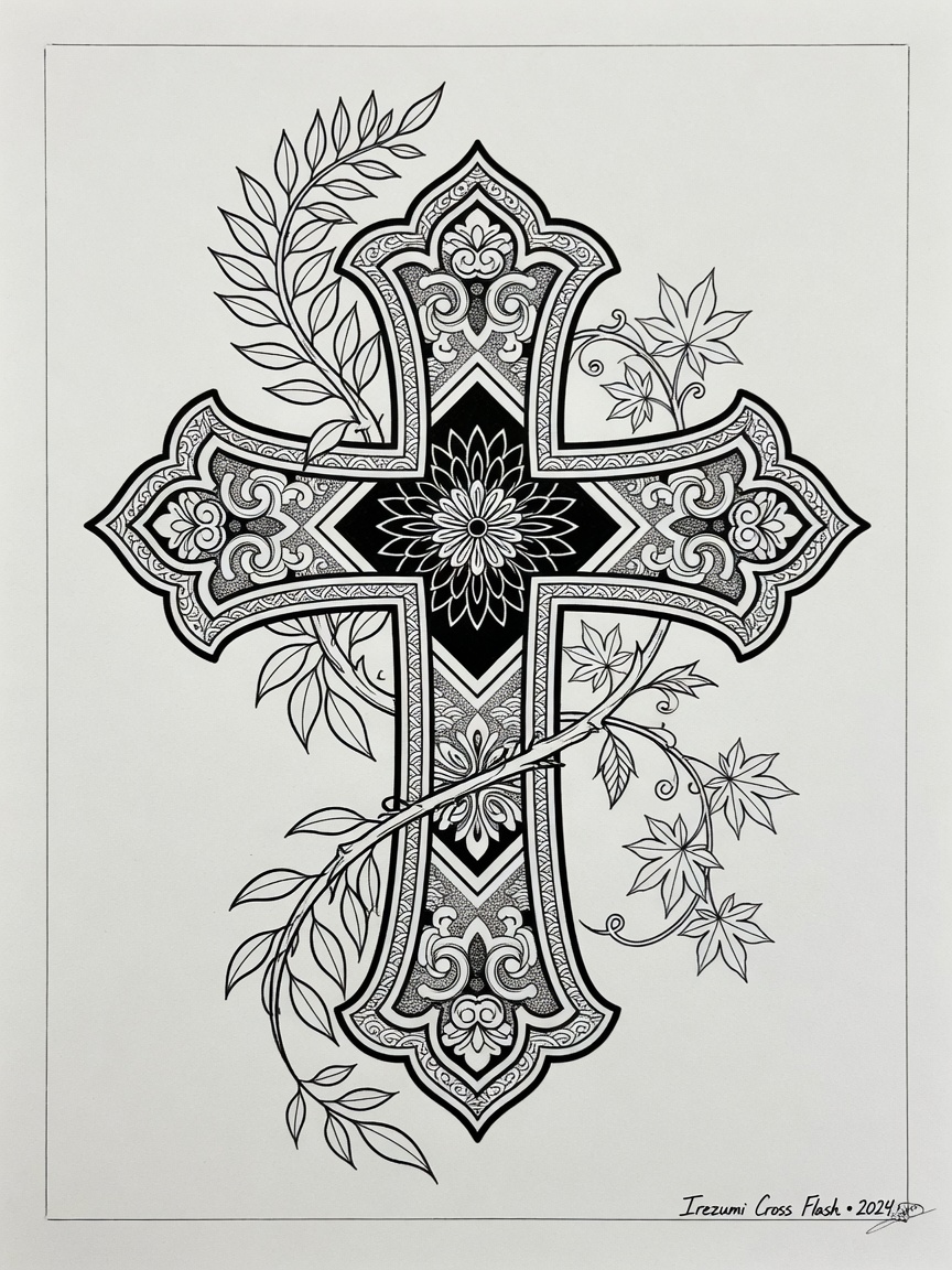 Cross — Japanese Linework Tattoo Design #1 — Japanese Linework cross tattoo design