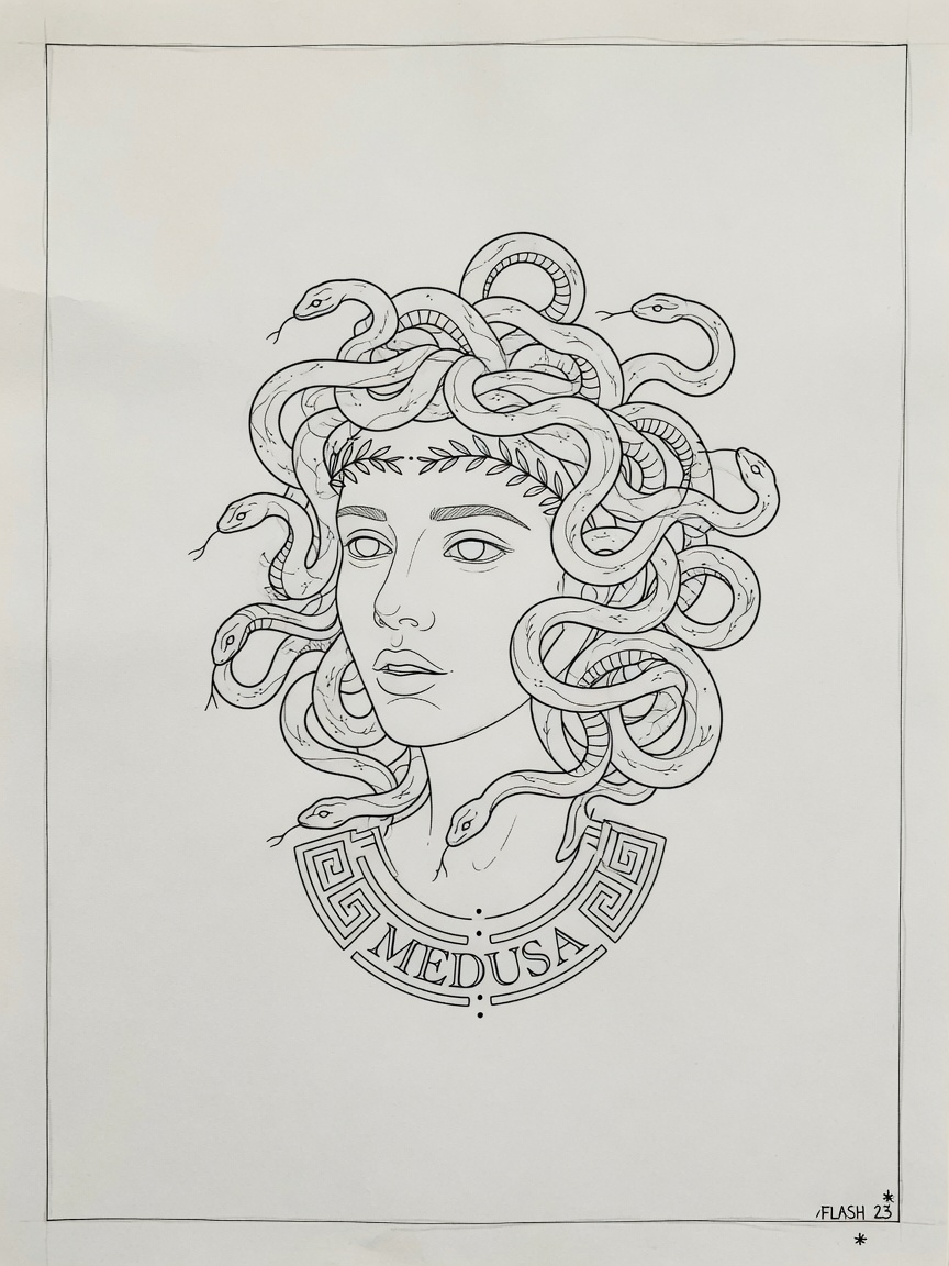 Medusa — Fine Line Tattoo Design #1 — Fine Line medusa tattoo design