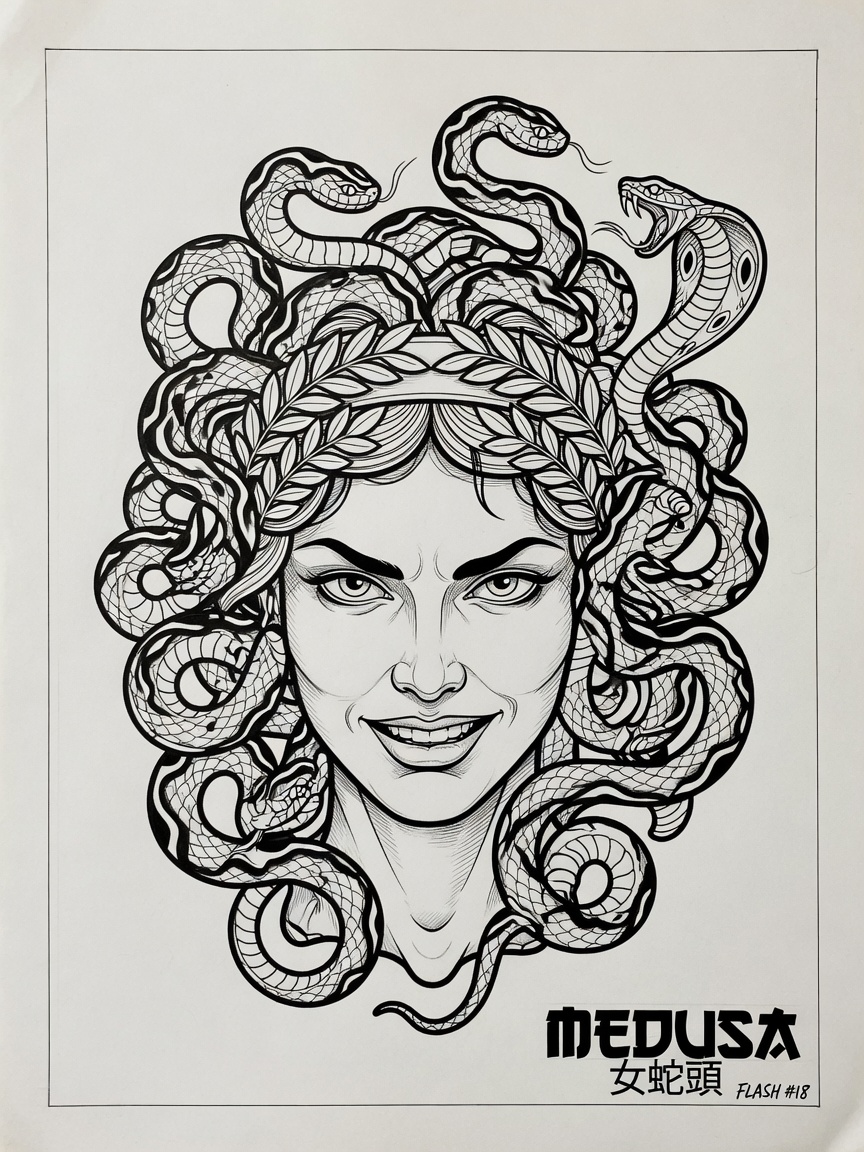 Medusa — Japanese Linework Tattoo Design #1 — Japanese Linework medusa tattoo design