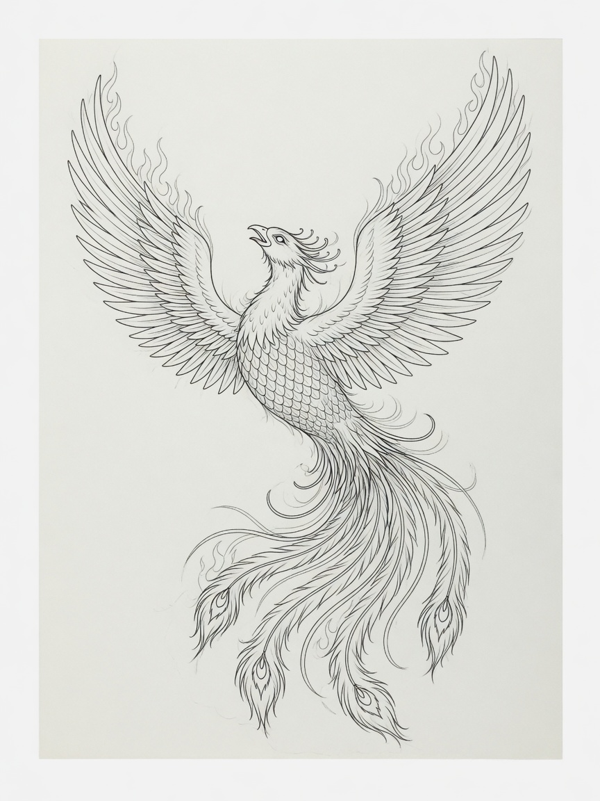 Phoenix — Fine Line Tattoo Design #2 — Fine Line phoenix tattoo design