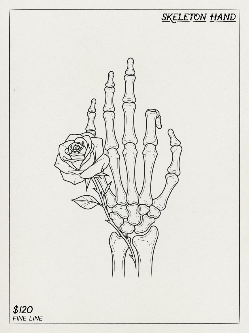 Skeleton Hand — Fine Line Tattoo Design #1 — Fine Line skeleton-hand tattoo design