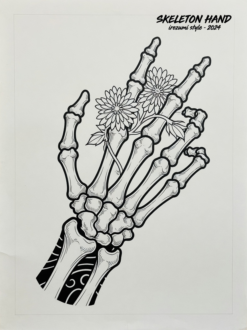Skeleton Hand — Japanese Linework Tattoo Design #1 — Japanese Linework skeleton-hand tattoo design